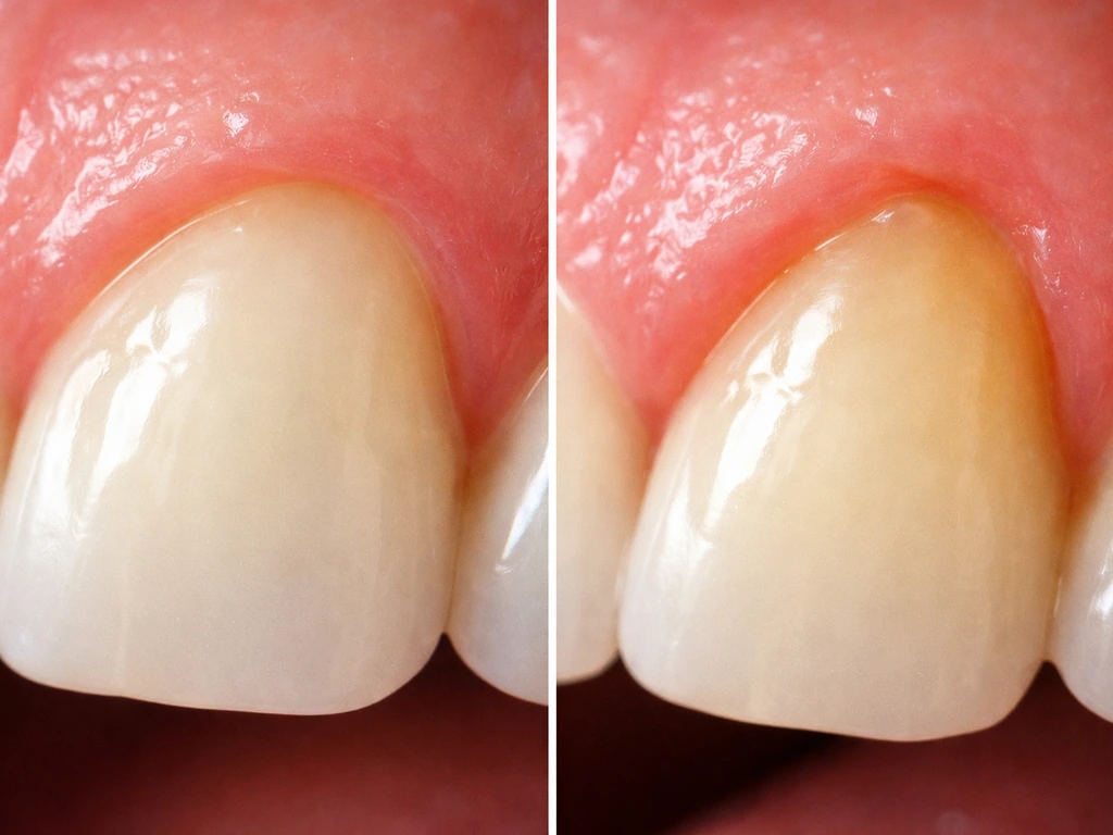 Close-up dental scene showing gum margin moved down versus stable gum level, emphasizing true tissue gain concept.