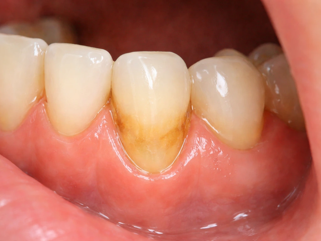 Close-up of a recessed gumline showing exposed darker tooth root surface.