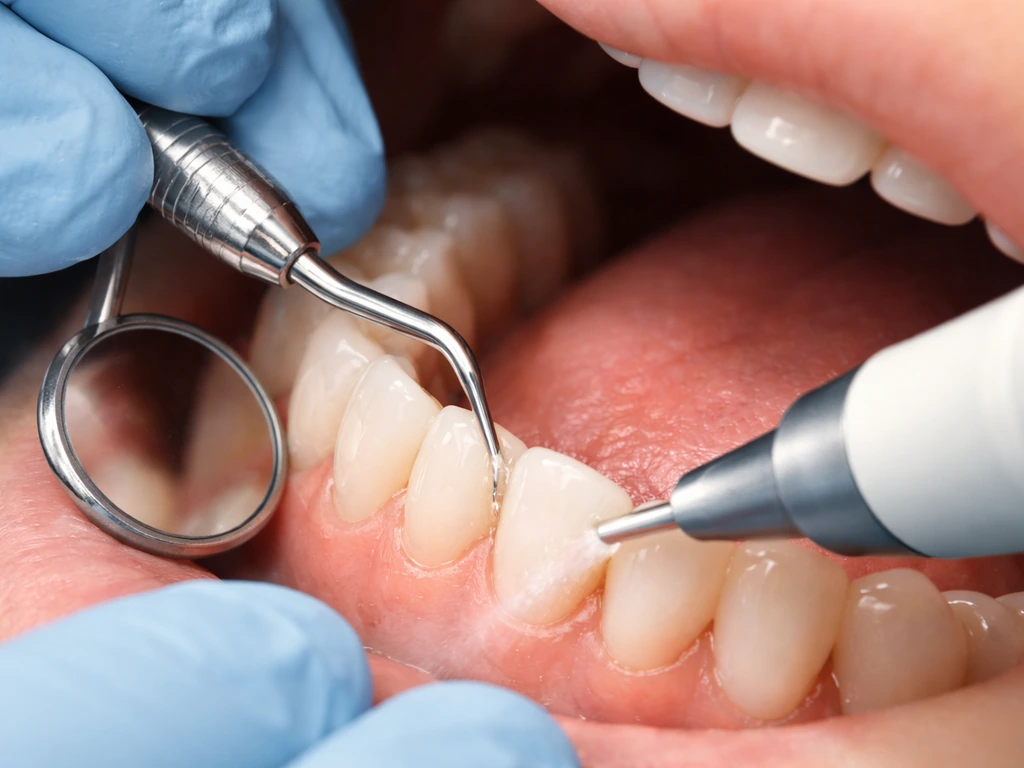 Ultrasonic dental scaler and mirror performing scaling and root planing on recessed gums.