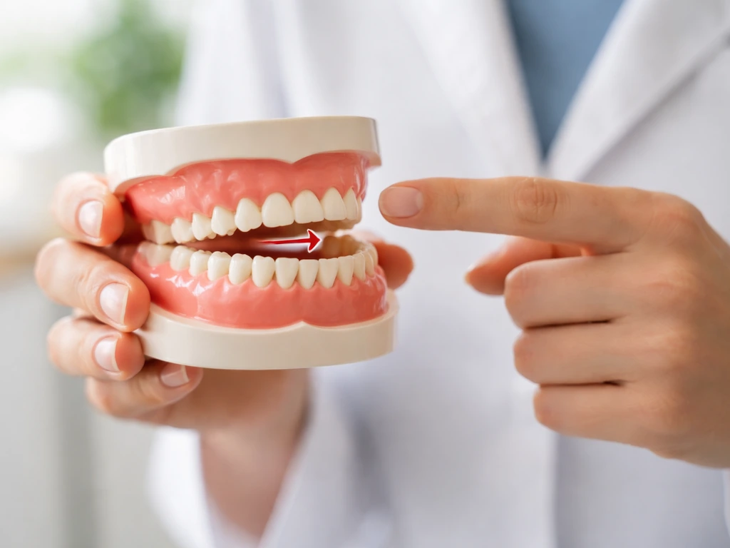 Dental professional holding a simple model of molars, showing primary versus permanent teeth with an arrow.