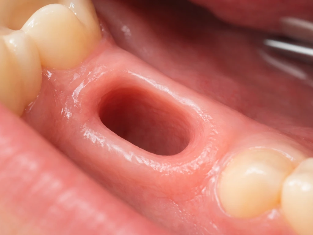 Close-up of an empty tooth socket with surrounding gums, showing no regrowth after a molar extraction.