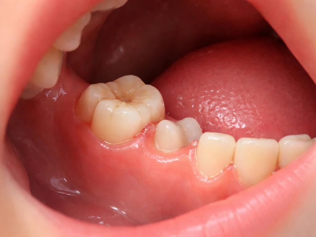 Close-up of a child’s wiggly back molar partly coming out with gums and a neighboring erupting tooth