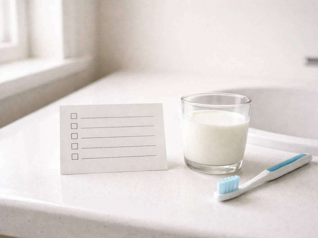 Close-up of a dental emergency checklist note card beside a glass of milk and a toothbrush, calm urgent mood.
