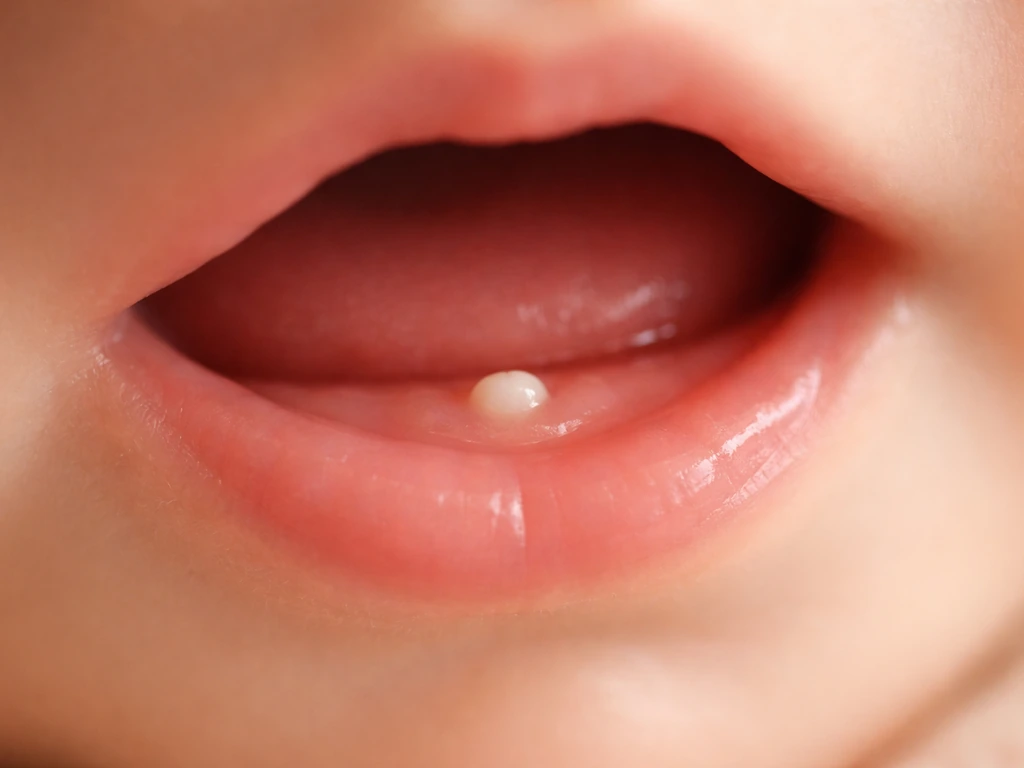 Close-up of a baby’s lower front gums showing a small tooth nub erupting around 6–10 months.