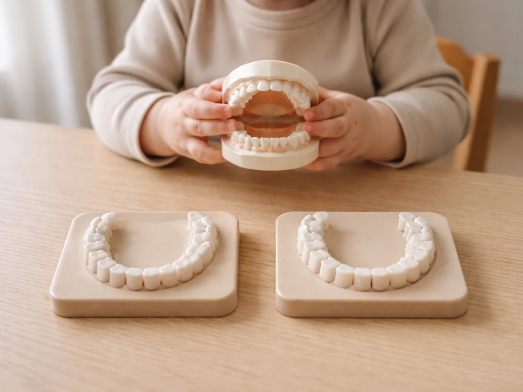 Child holding a simple dental-model kit showing fewer teeth at ~1 year and complete 20-teeth set at ~2.5 years