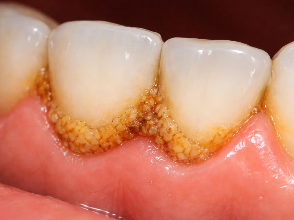 Macro close-up of tartar buildup along the gumline with cleaner enamel visible beside it.