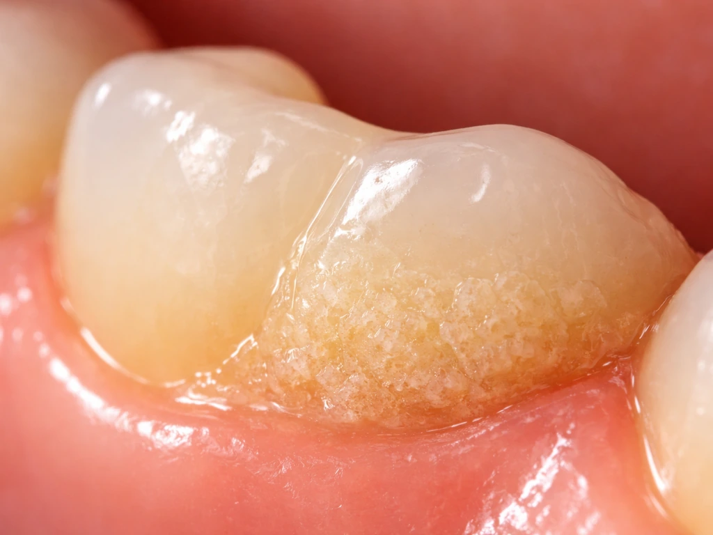 Macro view of gumline showing soft plaque film transitioning into rough tartar calculus on a tooth.