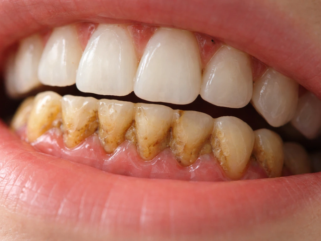 Close-up of teeth and gumline showing yellow-brown/dark tartar deposits and mildly irritated gums.