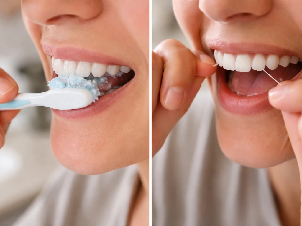 Close-up of a person brushing along the gumline and cleaning between teeth with floss