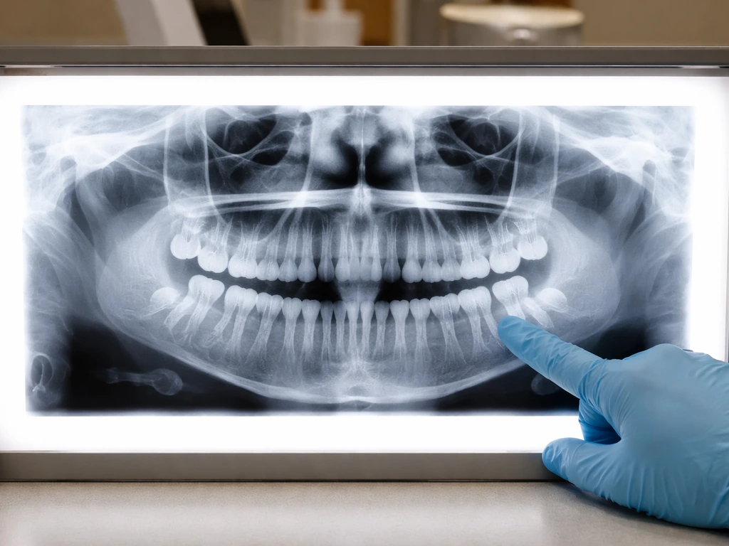 Panoramic X-ray showing wisdom teeth positions and possible impaction