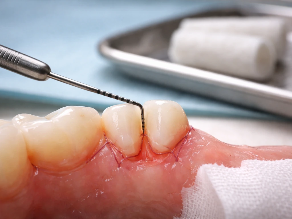 Close-up of healing gumline with a periodontal probe near the gingival margin in a clean dental setting.