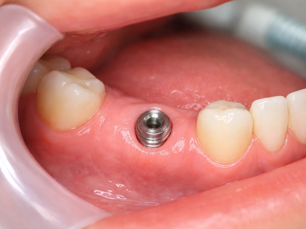 Close-up of peri-implant gum tissue healing from early swelling to a stable contour around an implant site.