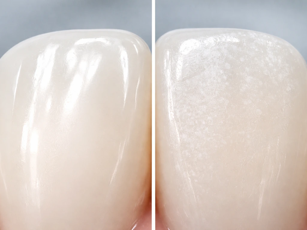 Close-up macro of a healthy front tooth beside a white-spot rough enamel area showing demineralization.