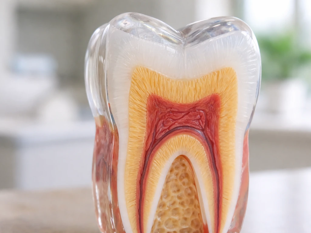 Macro view of a single tooth cross-section with enamel and dentin layers in a minimal setting.