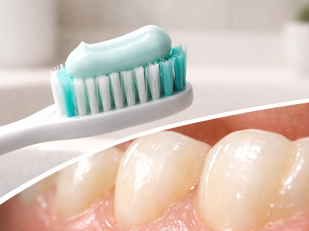 Close-up of a toothbrush with fluoride toothpaste and early white-spot enamel on a tooth surface.