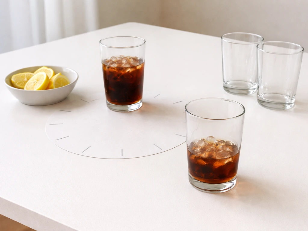 Minimal tabletop scene with cola glasses arranged to suggest quick vs frequent sipping and enamel impact.