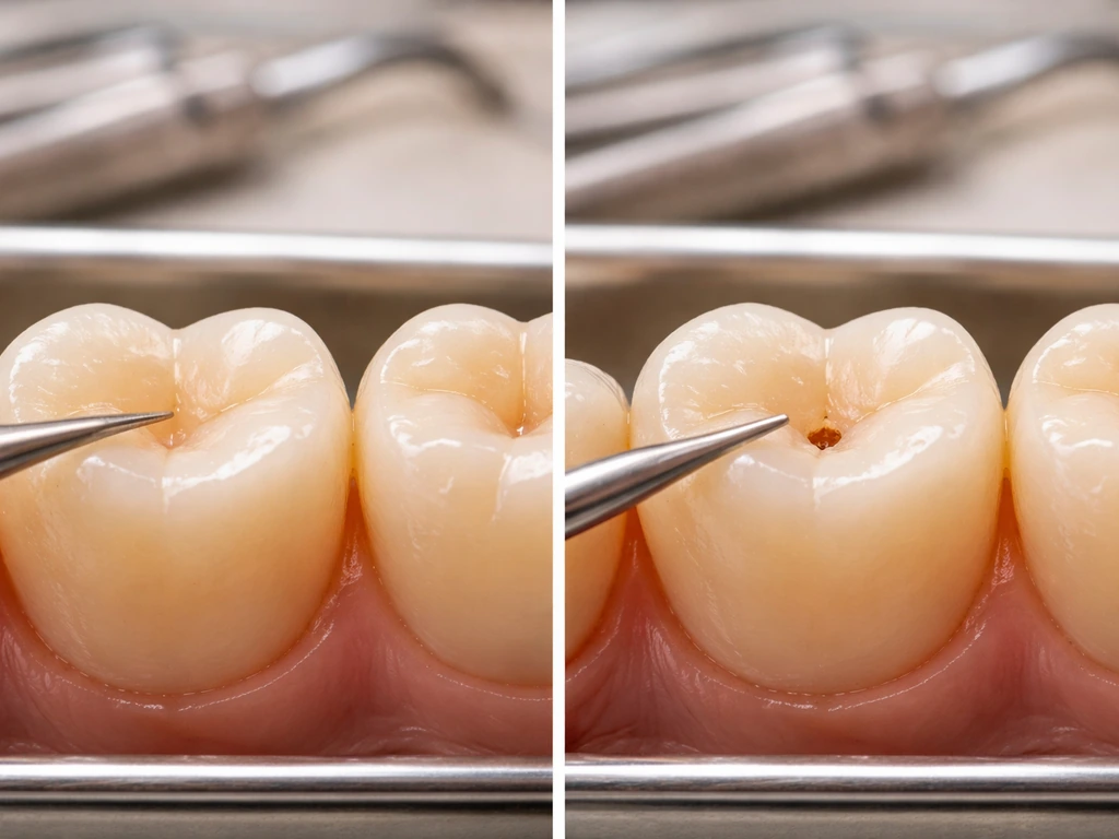 Split close-up of a tooth: early white-spot enamel area vs a small cavitated spot with a dental explorer.