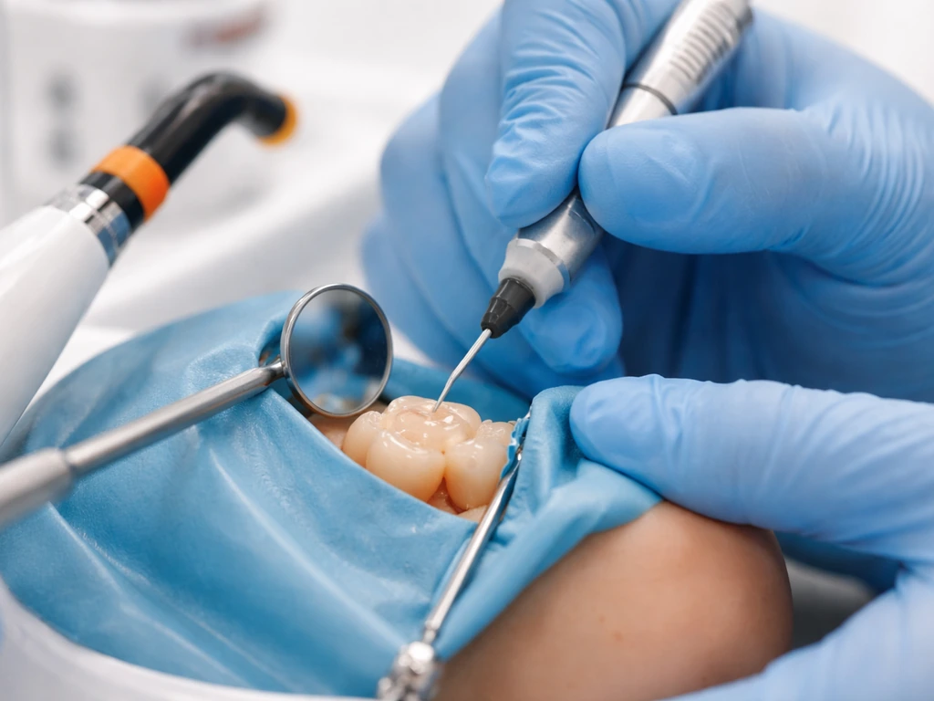Dentist using a dental tool to place tooth-colored composite resin on a tooth in a clean clinic setting.