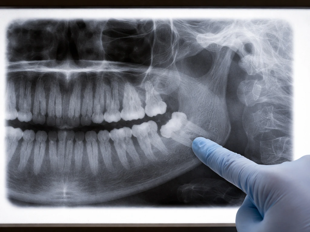 Back-of-jaw dental X-ray showing erupting wisdom tooth and surrounding teeth