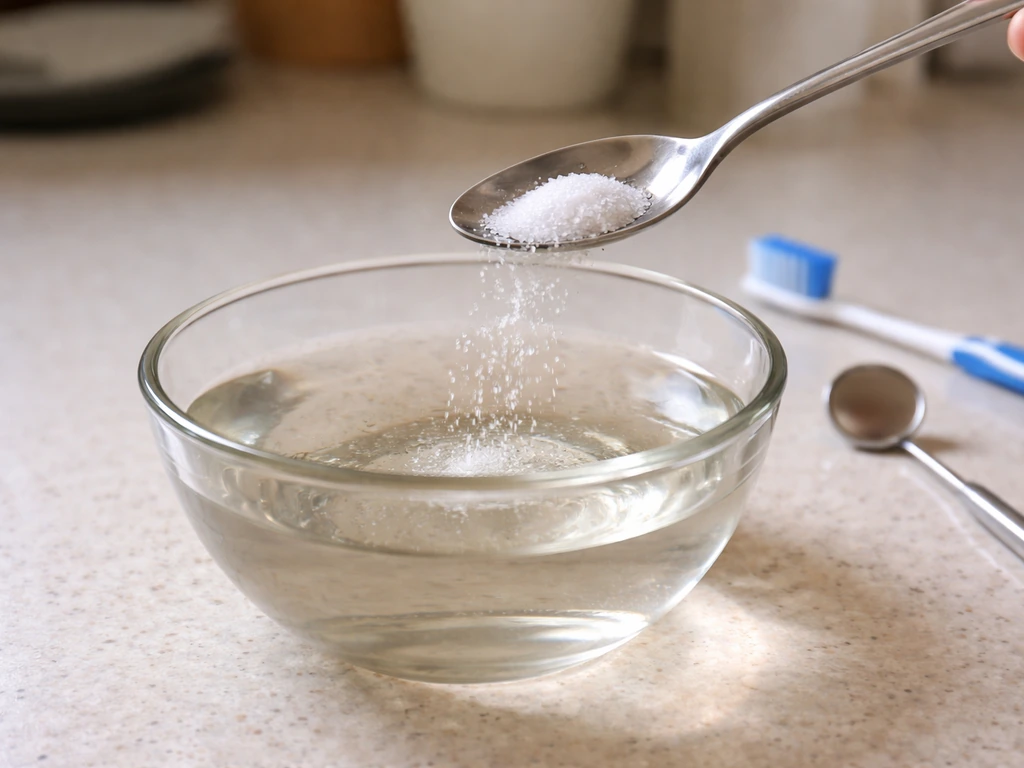 Saltwater rinse preparation in a kitchen bowl for sore back-of-jaw