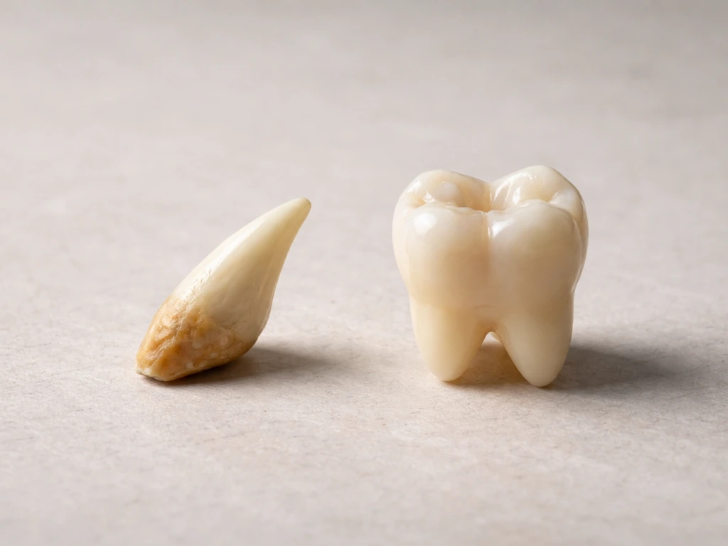 Close-up of an animal tooth and a human tooth side-by-side on a simple surface, contrasting regrowth.