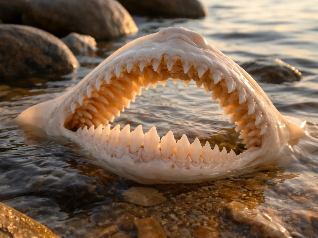 Shark and ray jaw with overlapping tooth rows in shallow seawater, showing continuous replacement stages.