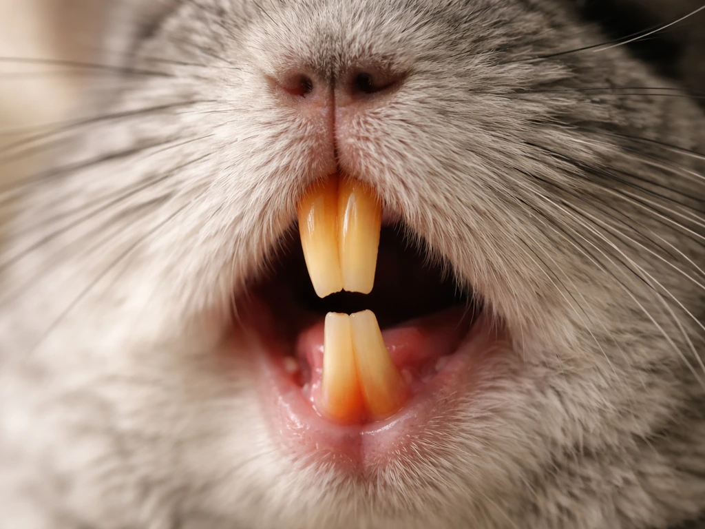 Macro close-up of a chinchilla’s front incisors showing continuously growing teeth.