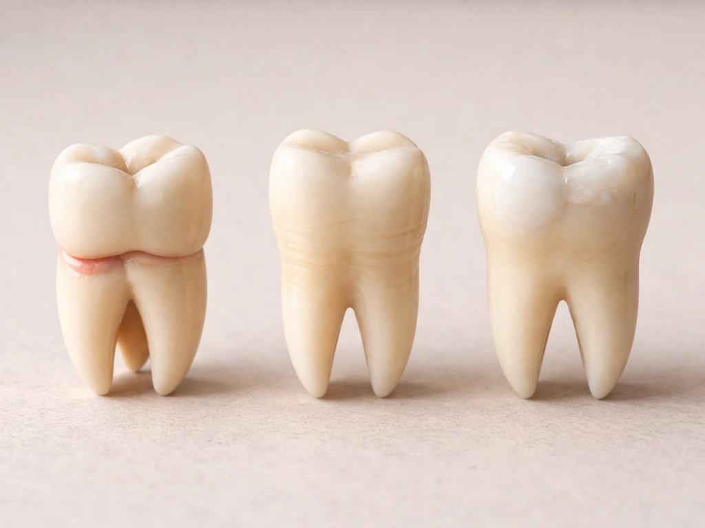 Three small tooth-like models on a clean surface showing distinct regrowth concepts.