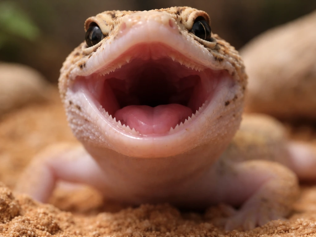 Close-up of a small gecko’s lower jaw and teeth in a terrarium, showing tooth structure without regrowth.