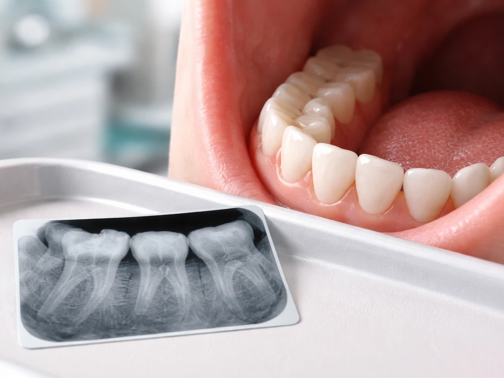 Close-up dental X-ray and back-of-mouth view suggesting late wisdom tooth eruption in a 40s adult