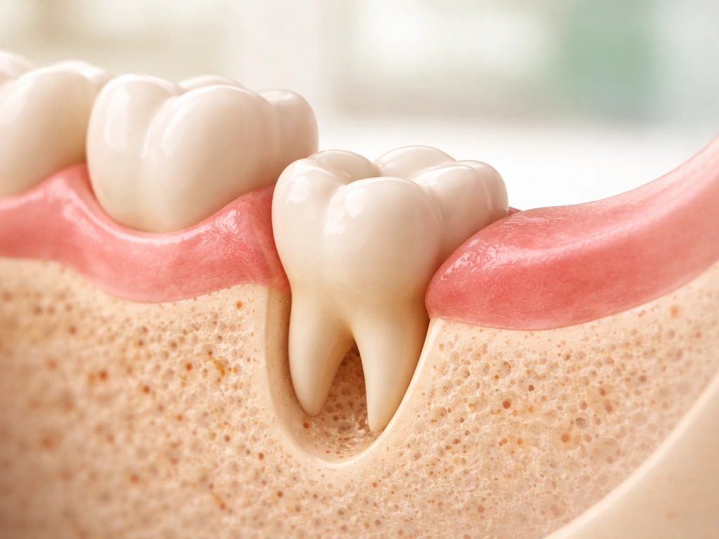Macro dental view of a partially impacted wisdom tooth pushing under the gum toward eruption.