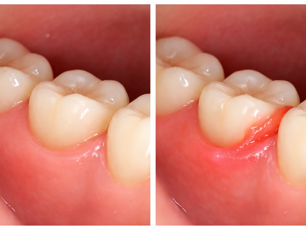 Split view of healthy versus inflamed gum around a partially erupted wisdom tooth.