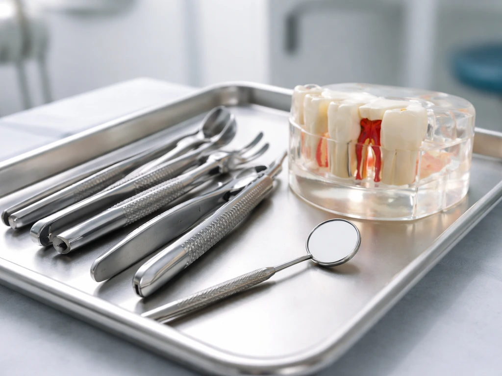 Dental tools next to a lower molar anatomy model in a clean clinic setting, no gore.