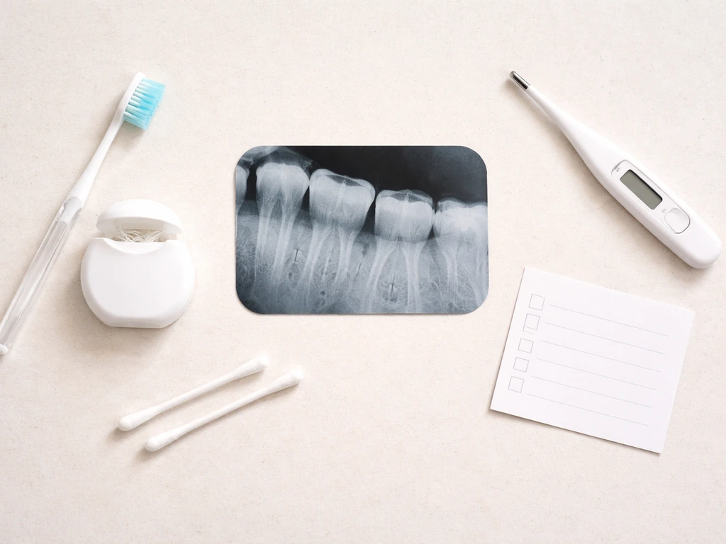 Overhead photo of toothbrush, floss, thermometer, and a printed dental X-ray film on a clean counter.