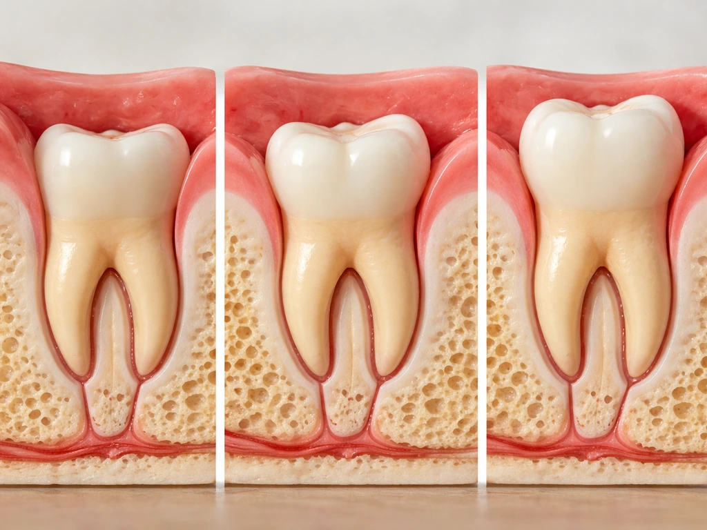 Dental cross-section showing a wisdom tooth crown gradually emerging through the gum over time.