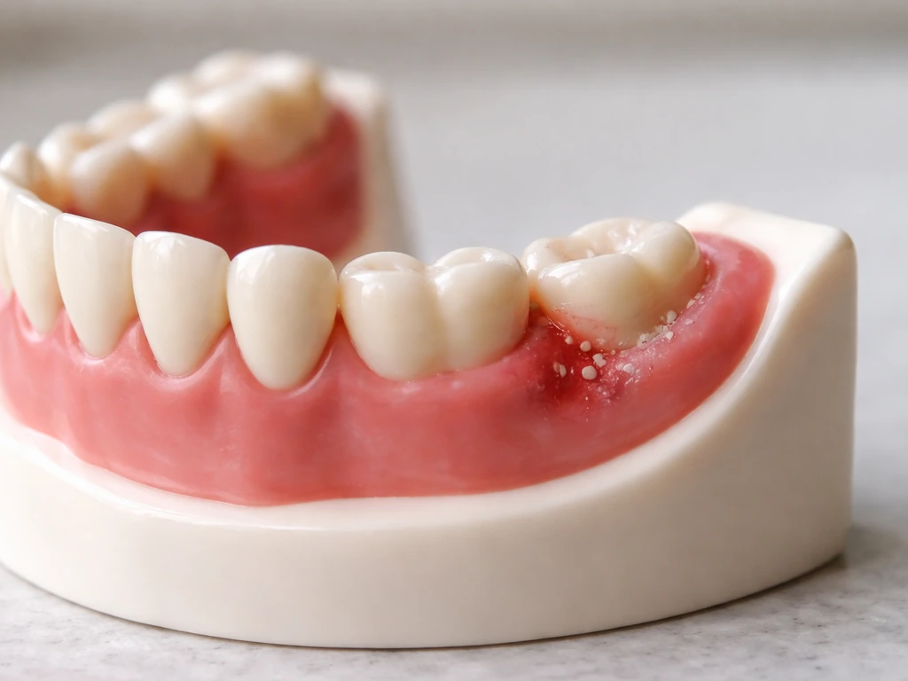 Minimal dental-themed close-up of a jaw model showing a partially erupted wisdom tooth and inflamed gum area.