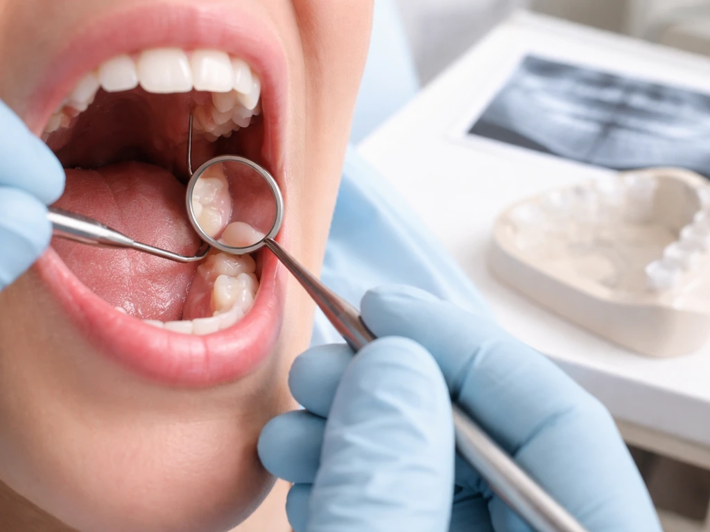 Close view of dental tools probing the gum flap near a wisdom tooth, with an out-of-focus X-ray and model nearby.
