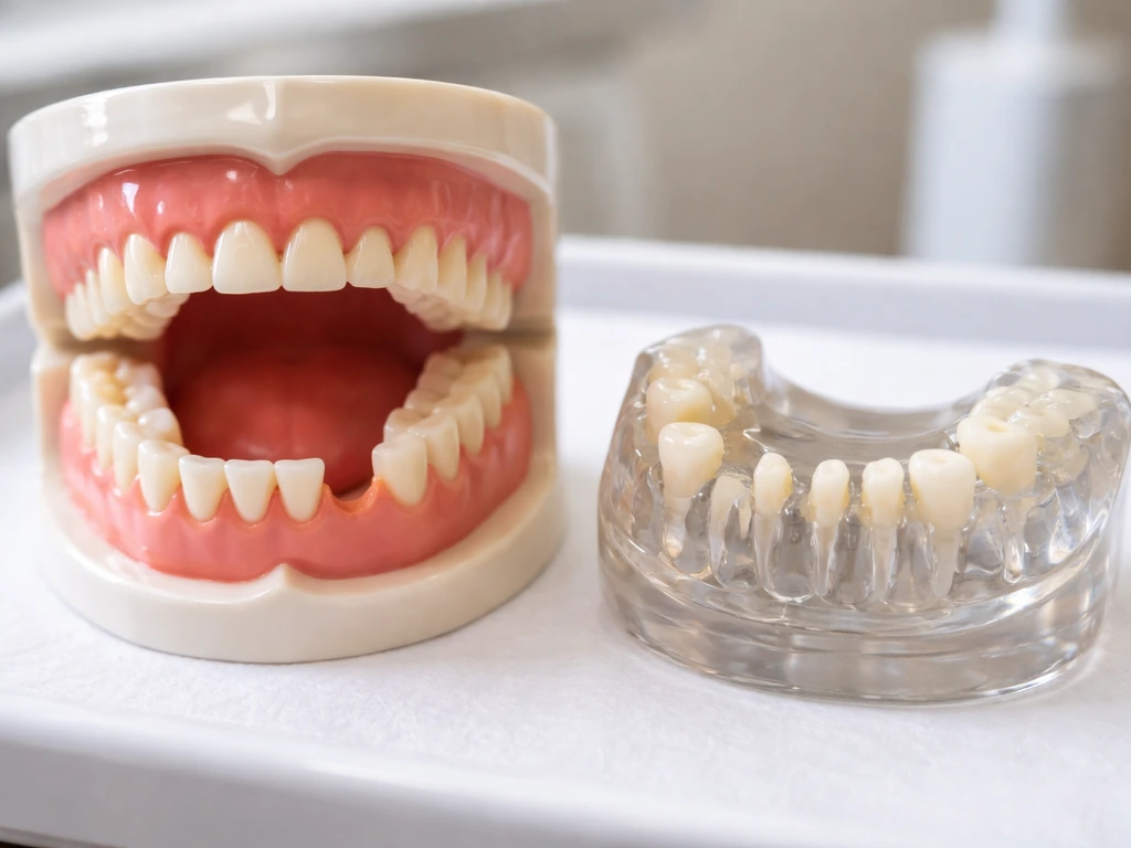 Open mouth with missing tooth space, alongside a small developing-tooth replica stage on a clinic tray.