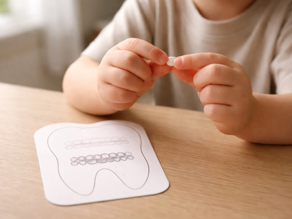 Child holding a small lost baby tooth beside a simple tooth chart showing baby vs permanent teeth.