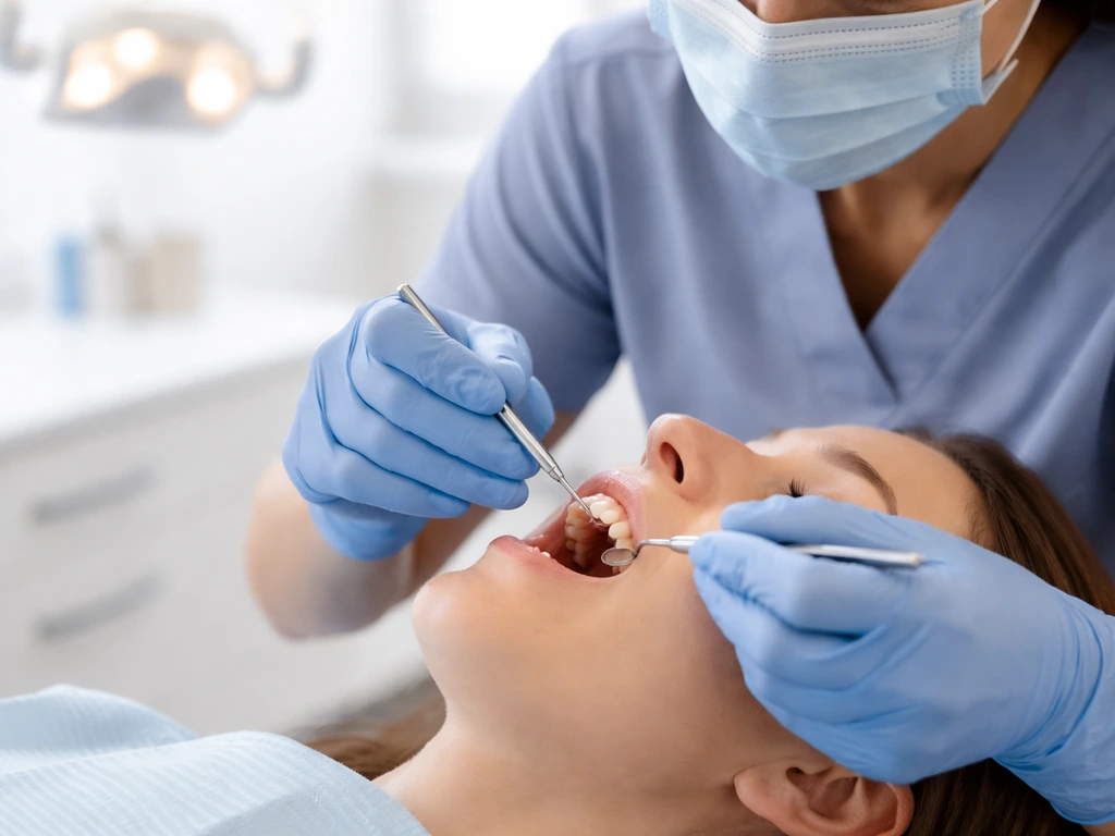 Dentist examines a patient’s mouth with a dental mirror while placing a temporary dental protection.