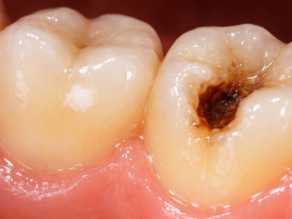Close-up macro of two teeth—one with a white spot and one with a visible cavity.