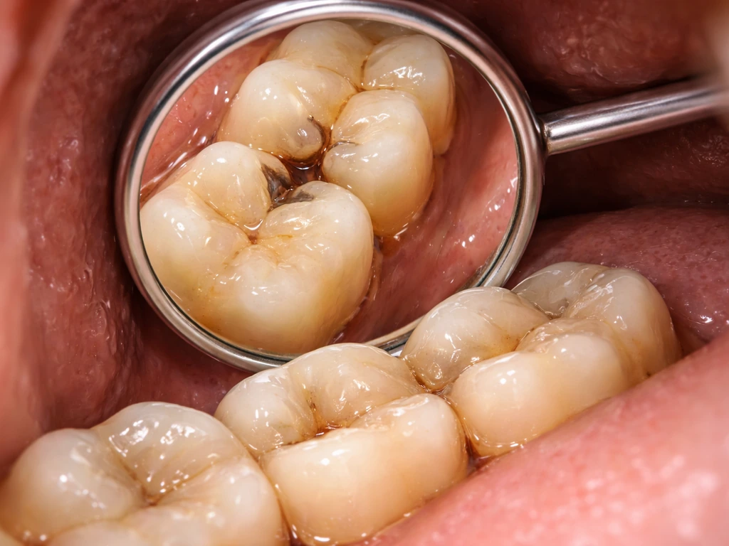 Close dental mirror view of teeth showing pits/fissures, gumline area, and between-tooth spaces