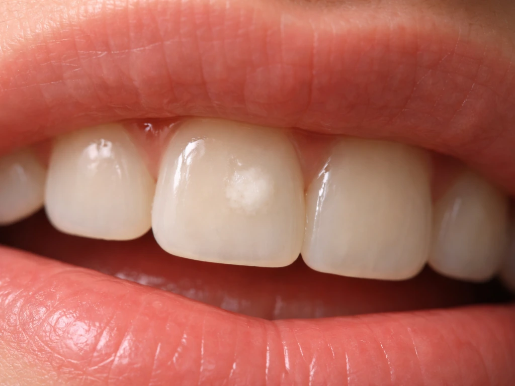 Close-up of a single tooth showing a small chalky white spot near the gumline.
