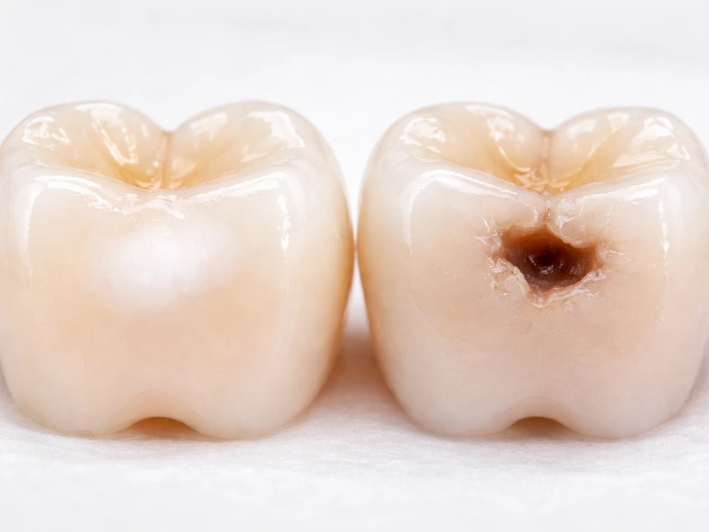 Side-by-side tooth enamel: smooth milky white spot on left vs a small cavitated crater on right.