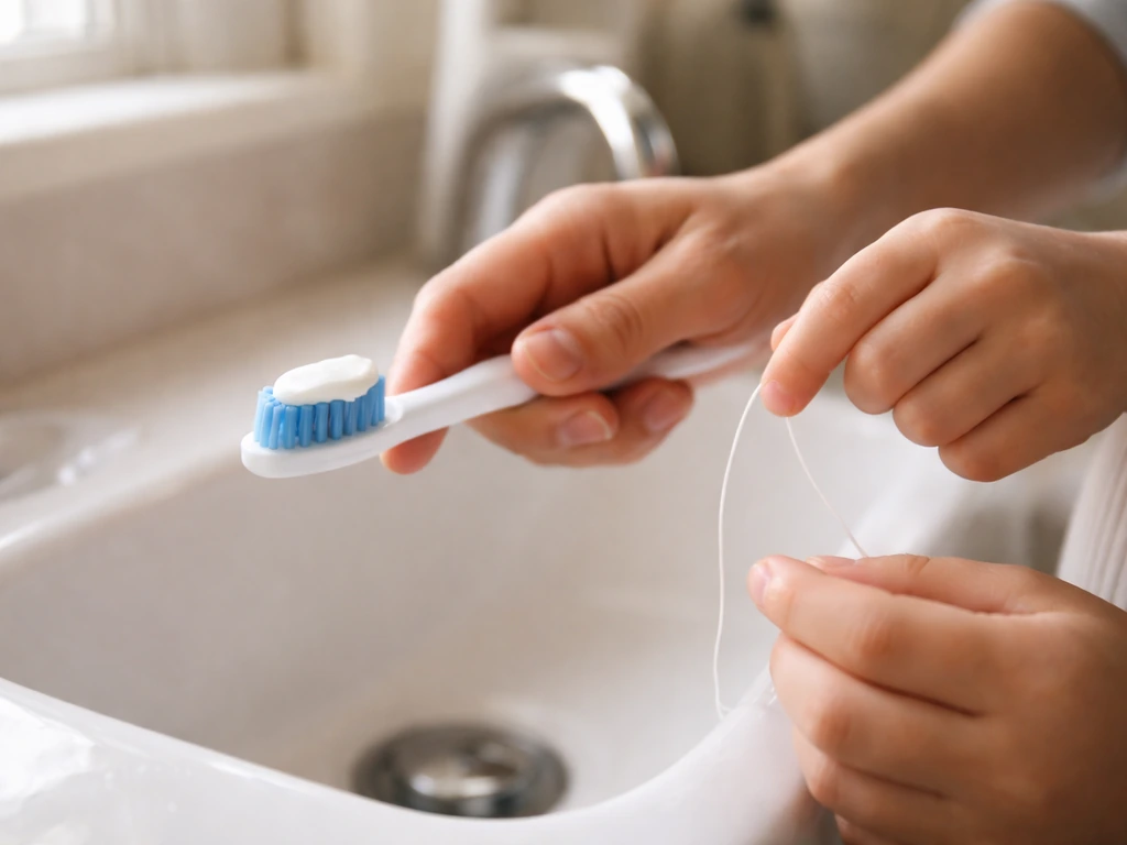 Hands brushing with fluoride toothpaste showing a small dose; floss strand visible beside the mouth.