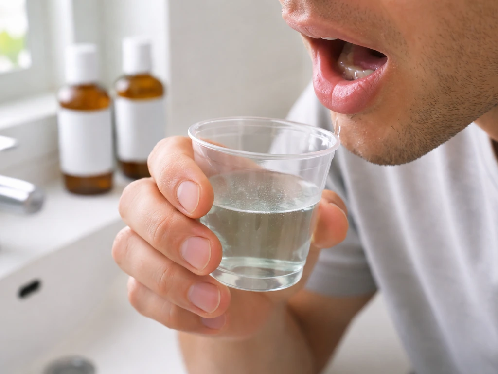 Person holds a cup to rinse mouth with antimicrobial mouthwash; mouthrinse bottles on a bathroom counter.