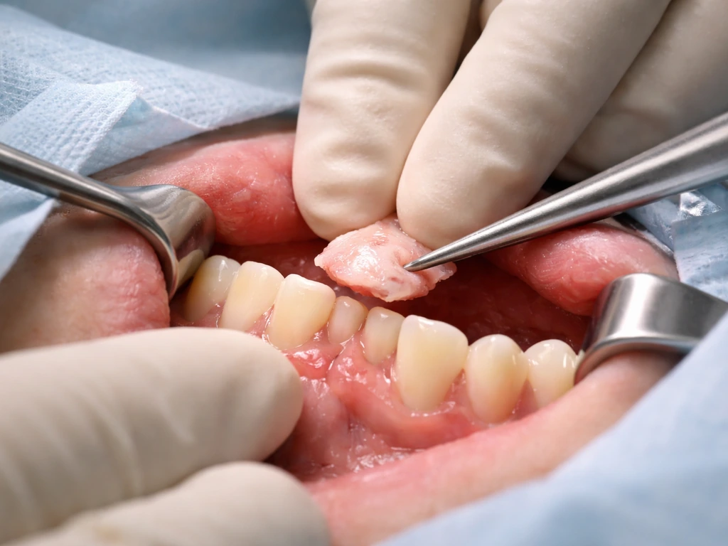 Dental surgeon placing a small graft over a localized gum recession site during periodontal surgery