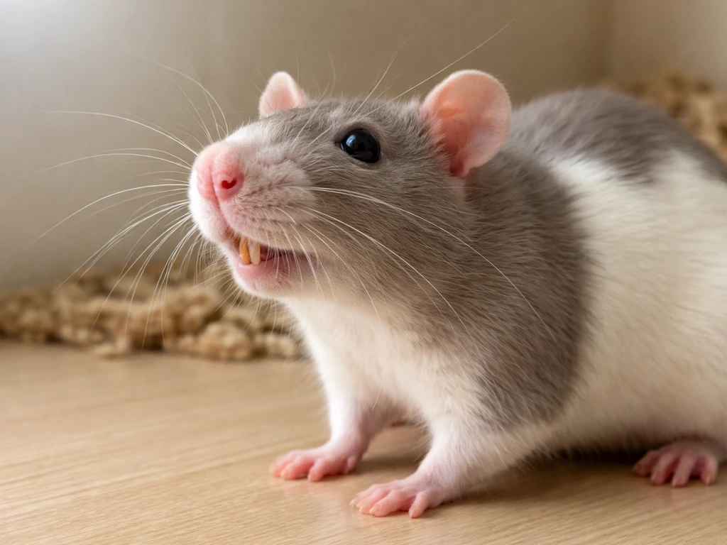 Side view of a healthy pet rat with mouth slightly open, normal incisors visible.