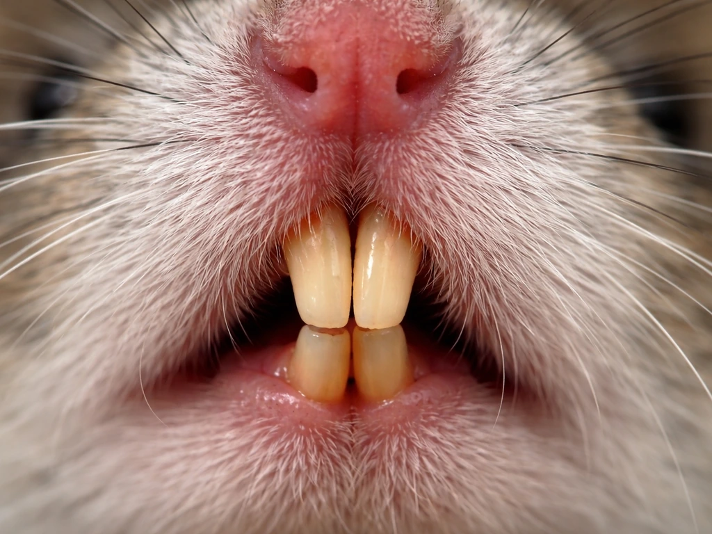 Close-up of rodent incisors showing continuous growth wear line and where upper and lower teeth meet.