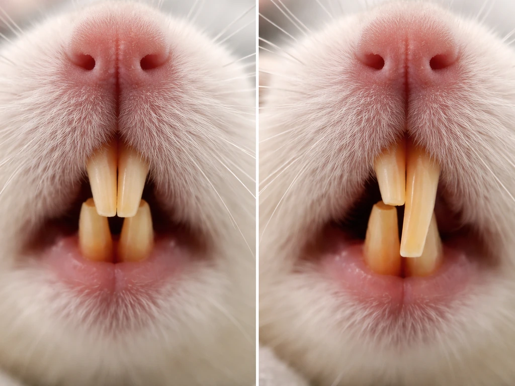 Close-up comparison of aligned vs misaligned rat incisors, showing overgrowth from malocclusion.